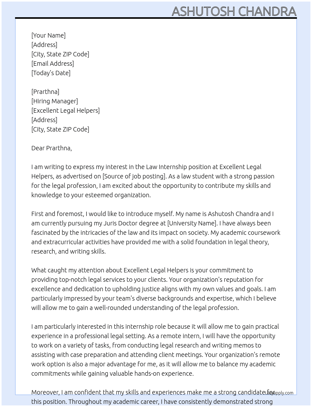 Law Internship At Excellent Legal Helpers Cover Letter