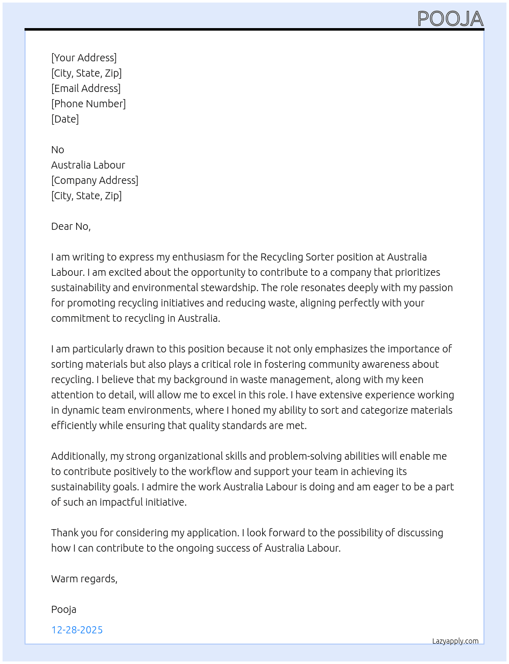 Lebour fours. Australia Recycling sorter  At Australia lebour  Cover Letter