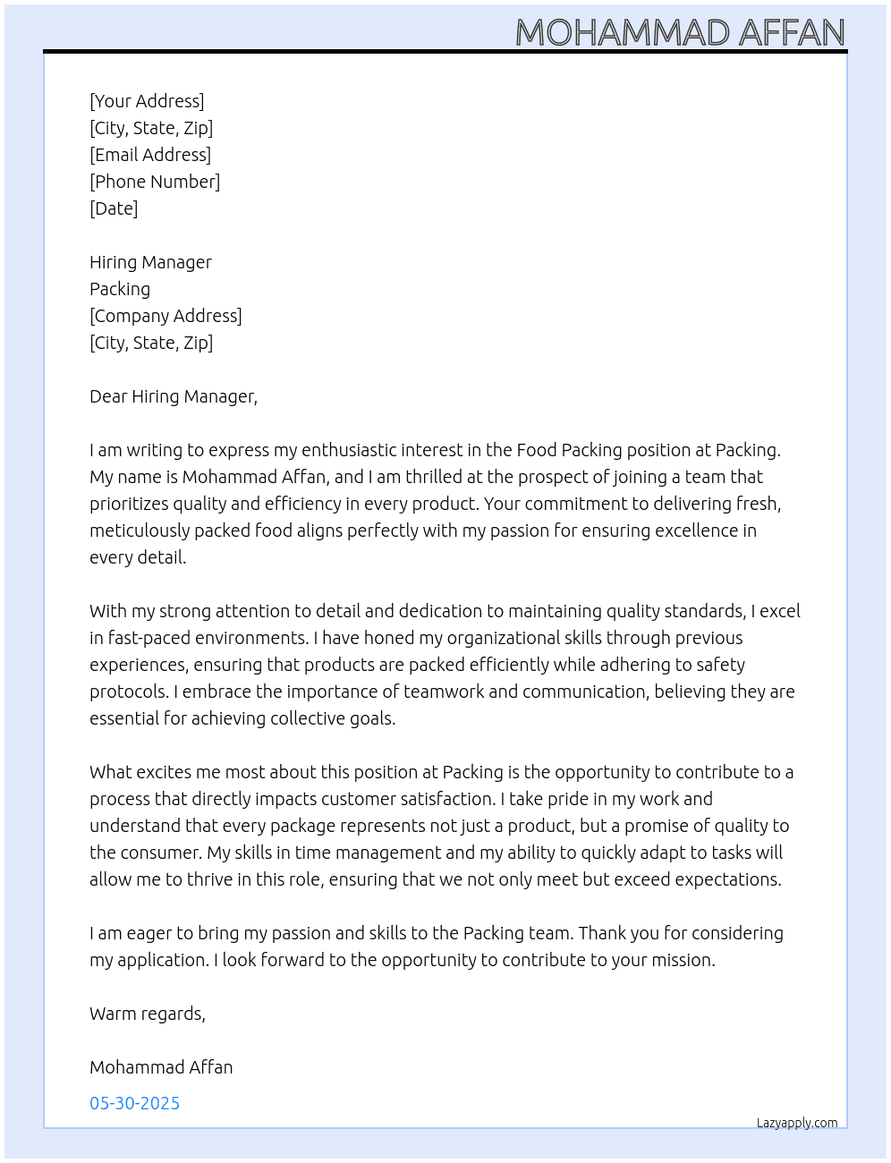 Food packing At Packing  Cover Letter