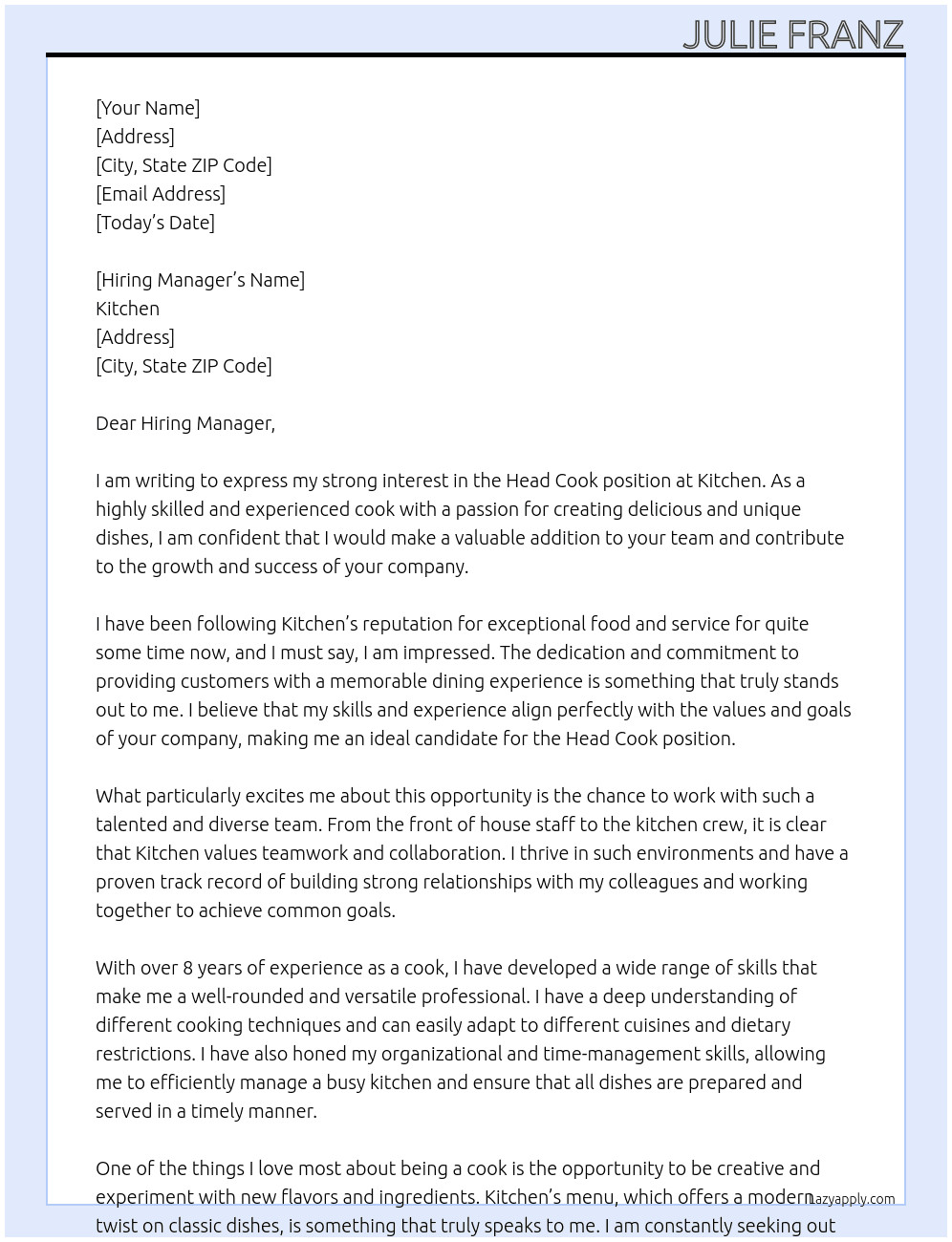 head cook At Kitchen Cover Letter