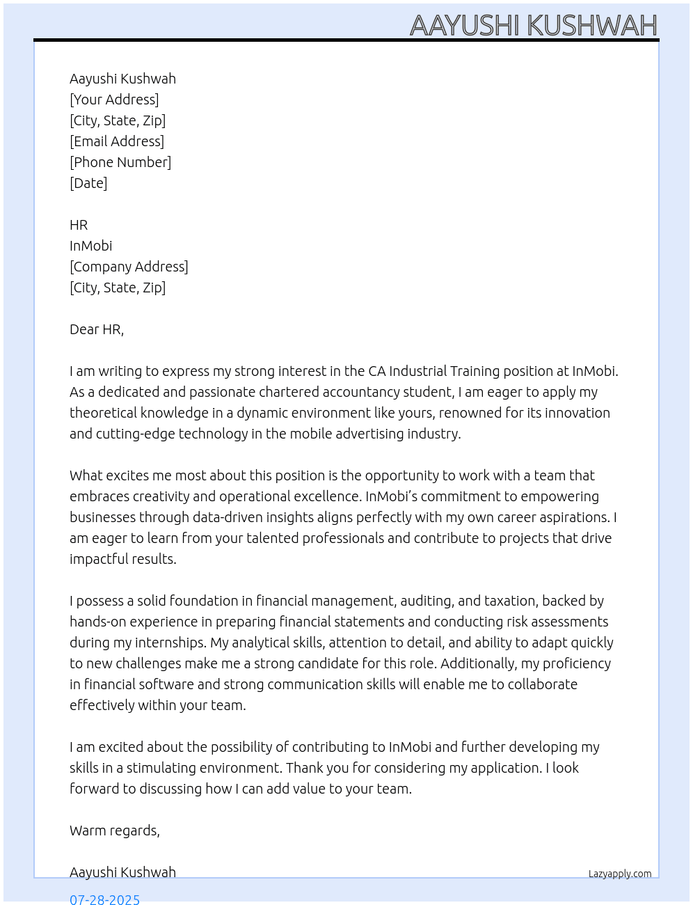 CA industrial training At Inmobi Cover Letter