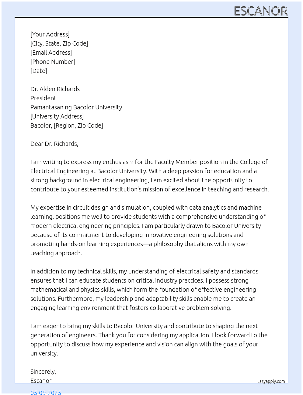 a.	Faculty Member of the College of Electrical Engineering At Bacolor University Cover Letter