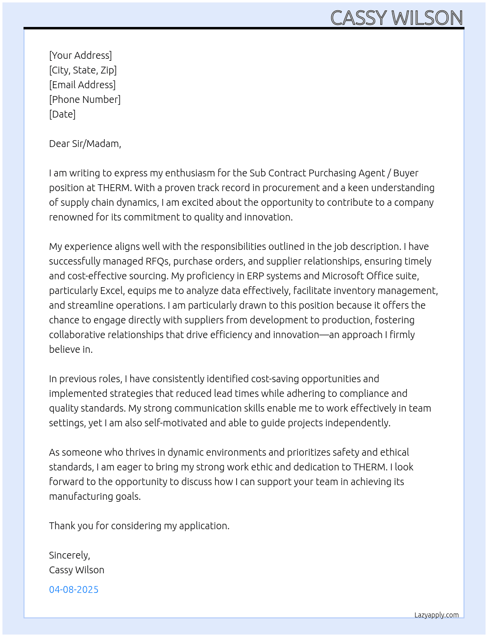 Sub Contract Purchasing Agent / Buyer At THERM Cover Letter
