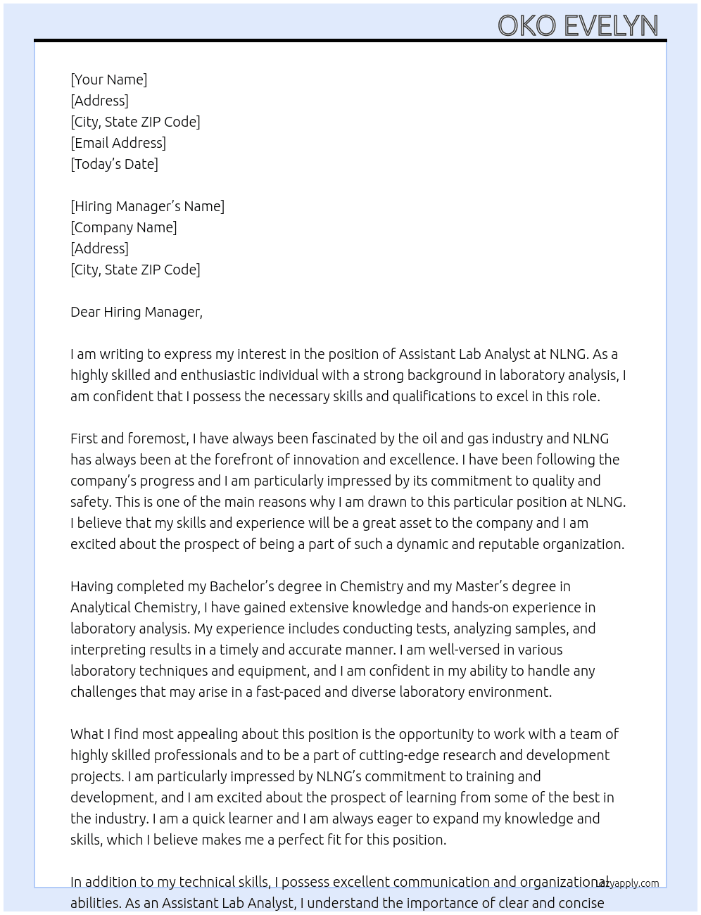 Cover letter for assistant lab analyst - LazyApply
