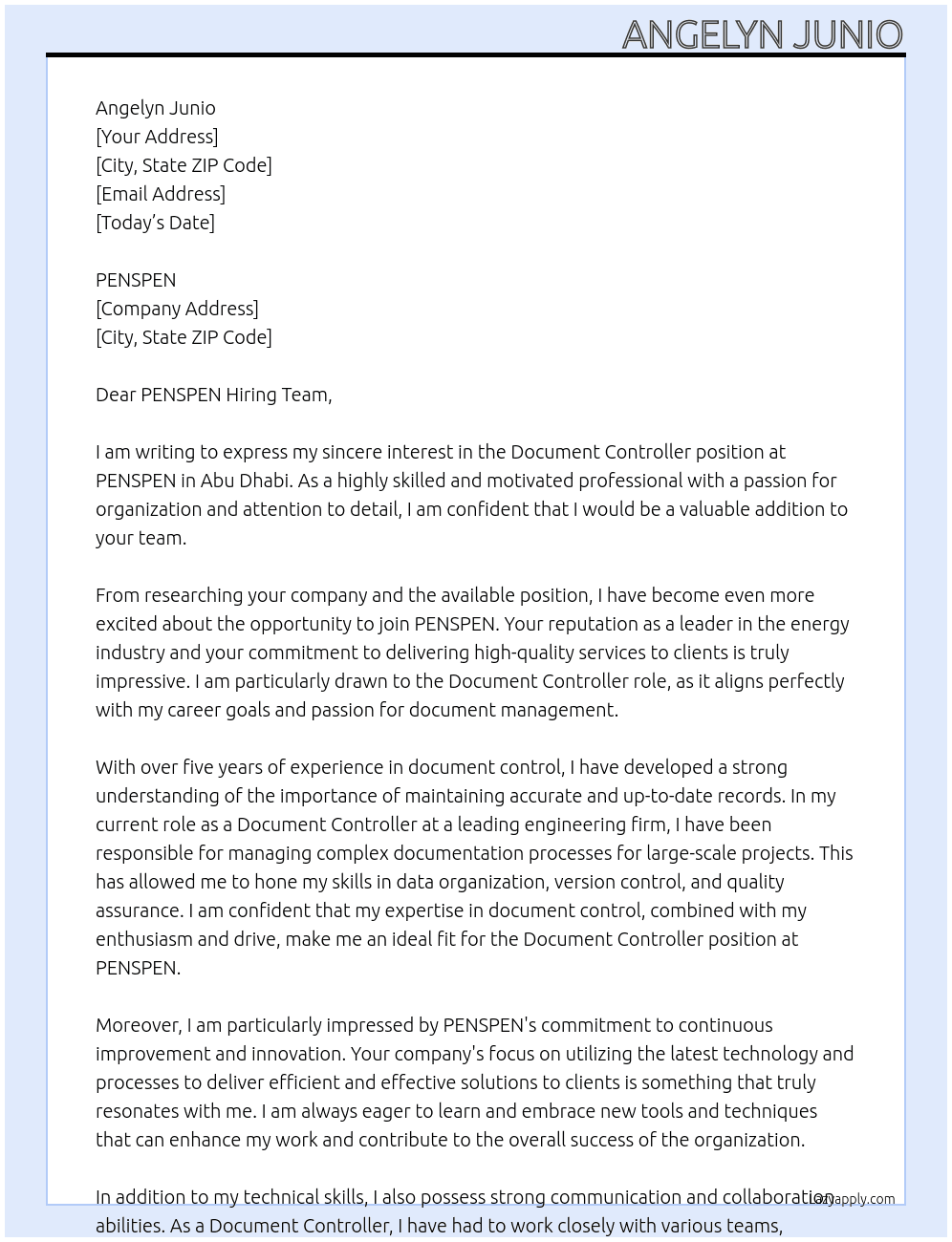 document controller At PENSPEN Cover Letter