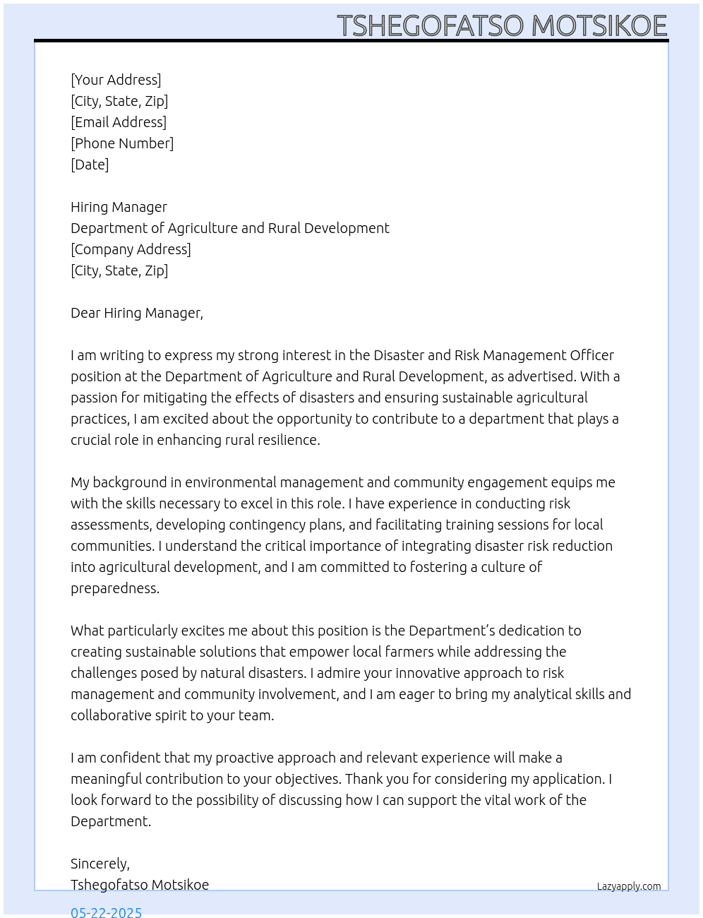 Disaster and Risk Management Officer At Department of Agriculture and Rural Development Cover Letter
