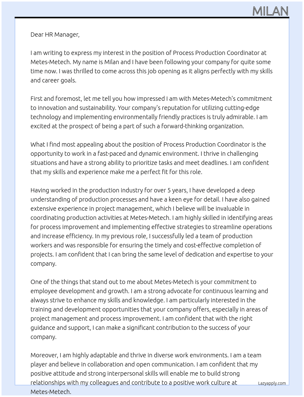 Process production coordinator At Metes-Metech Cover Letter