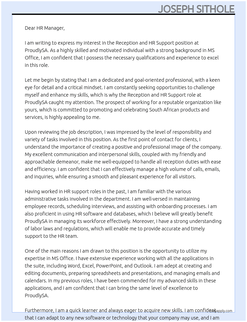 Reception and HR Support At ProudlySA Cover Letter