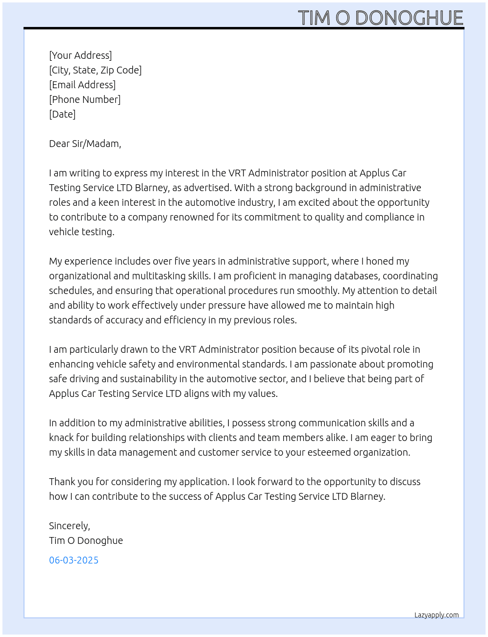 VRT Administrator At Applus Car Testing Service LTD Blarney Cover Letter