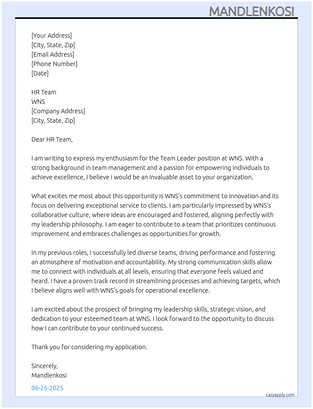 Team Leader  At WNS Cover Letter