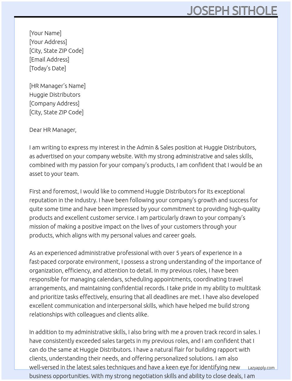 admin & Sales At Huggie Distriutors Cover Letter