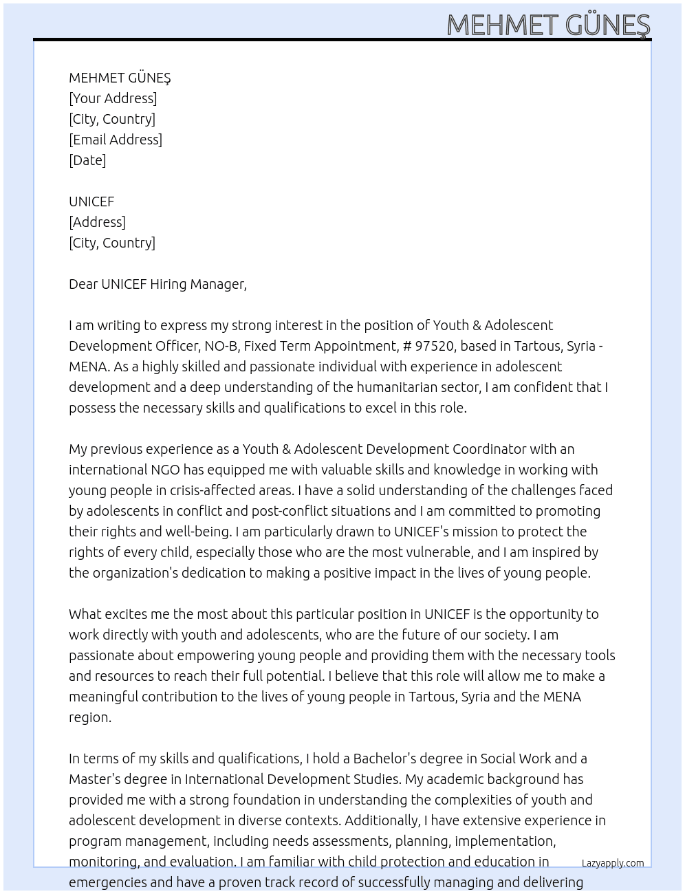 Cover letter for youth & adolescent development officer, no-b, fixed term appointment, # 97520, tartous, syria - mena - LazyApply