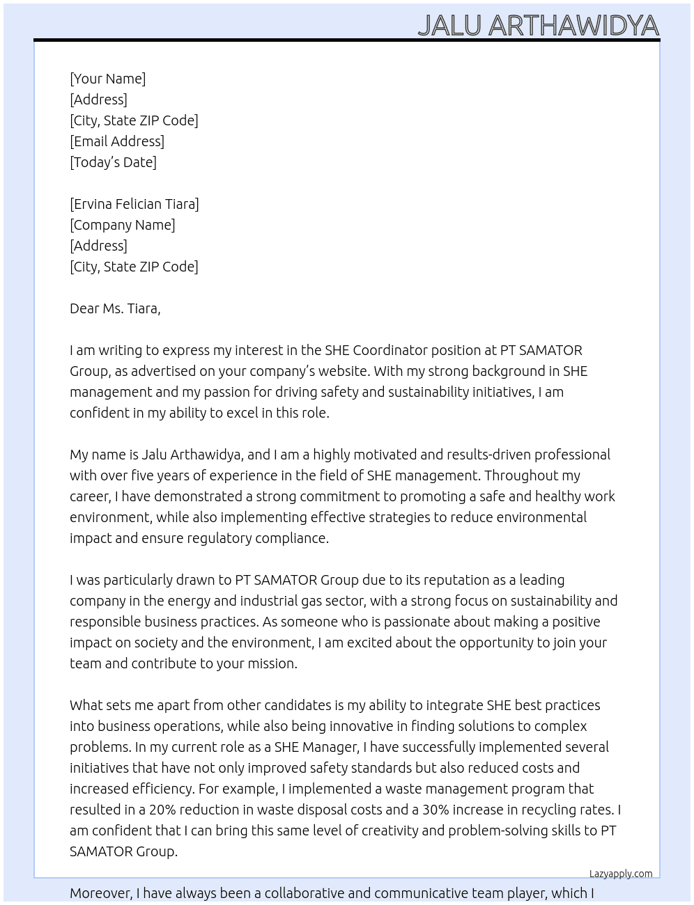 Cover letter for she coordinator - LazyApply