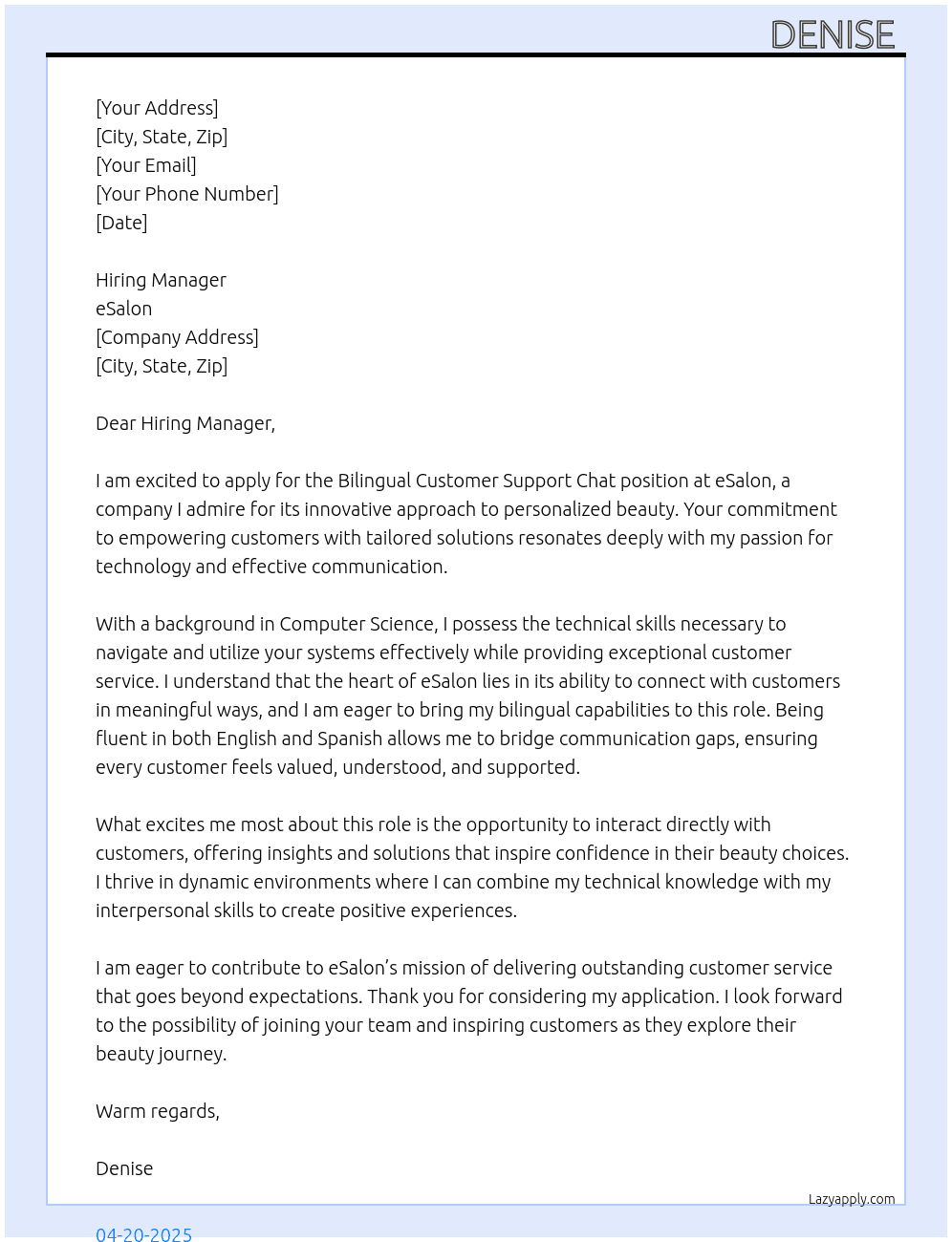 Bilingual Customer support chat  At esalon Cover Letter