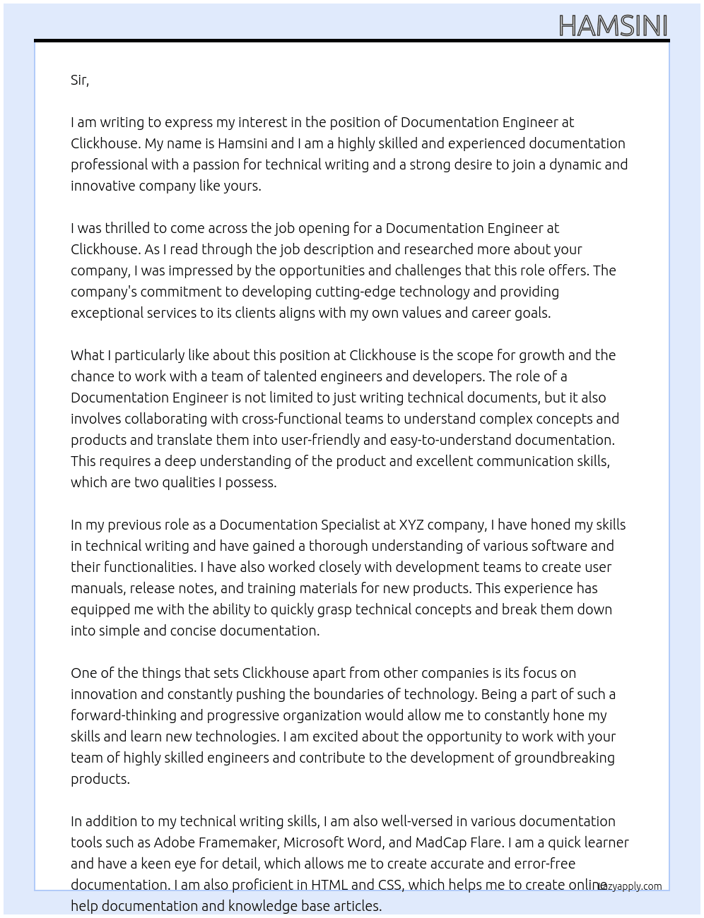 Cover letter for documentation engineer - LazyApply