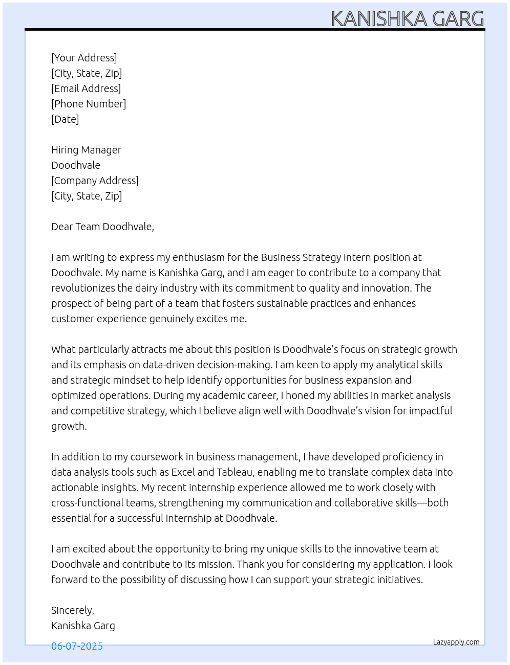 Business Strategy Intern At Doodhvale Cover Letter