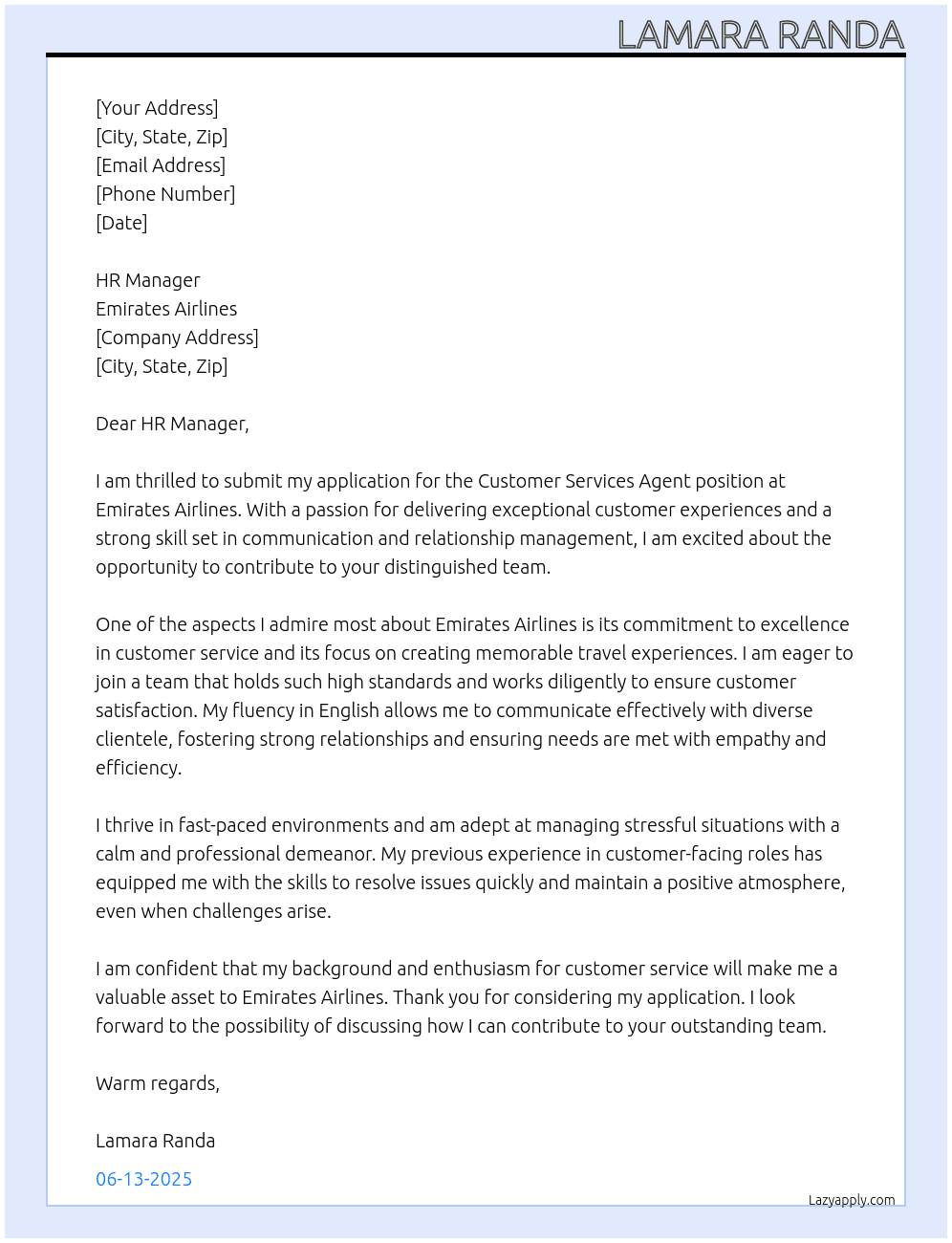Customer services agent  At Emirats airlines  Cover Letter