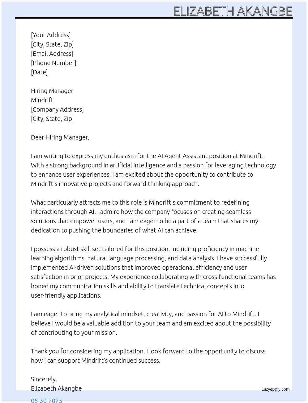 Cover letter for ai agent assistant - LazyApply