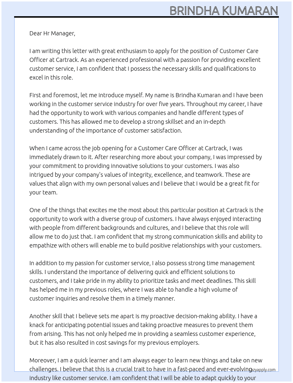  Customer care officer At Cartrack Cover Letter