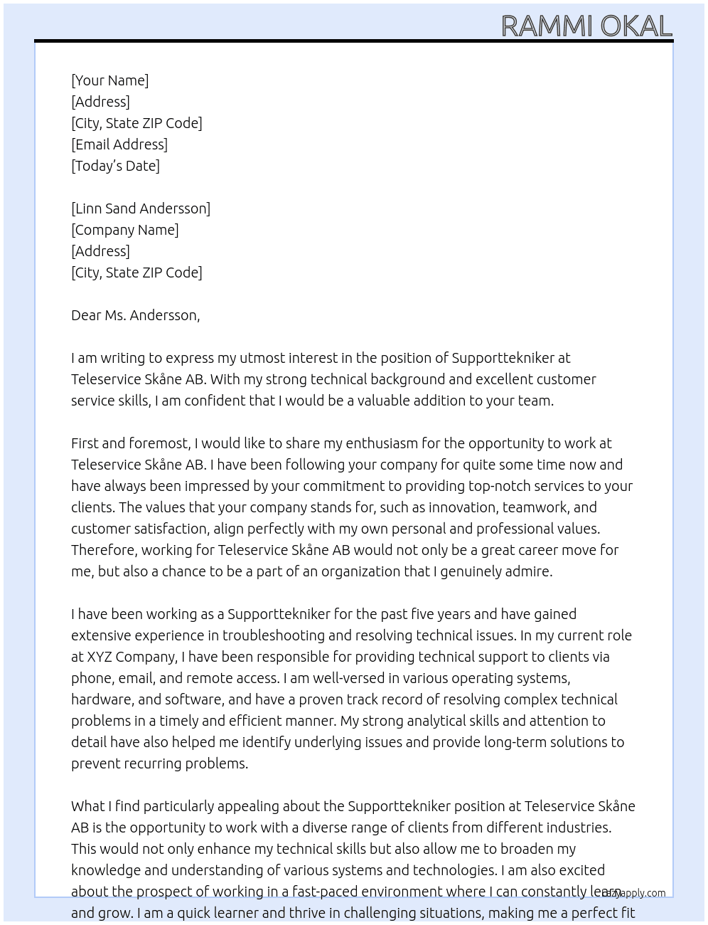 Supporttekniker At Teleservice Skåne AB Cover Letter