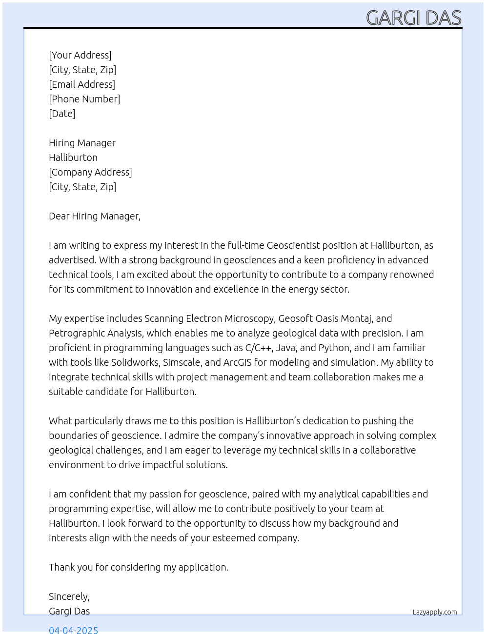 Cover letter for geoscientist - LazyApply