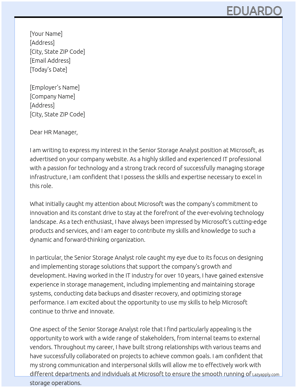 Cover letter for senior storage analyst - LazyApply