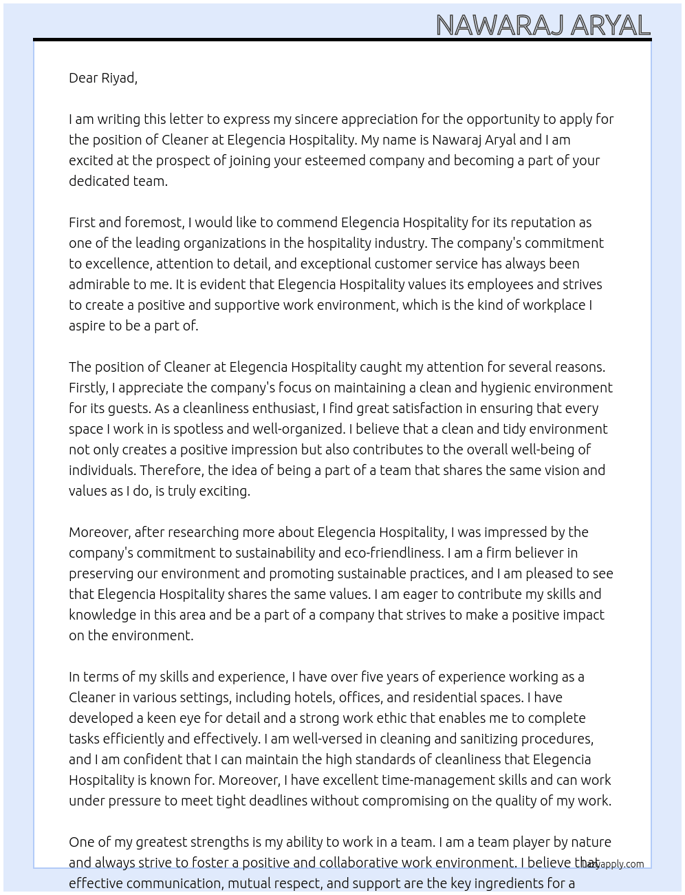 Cleaner At Elegencia hospitality Cover Letter
