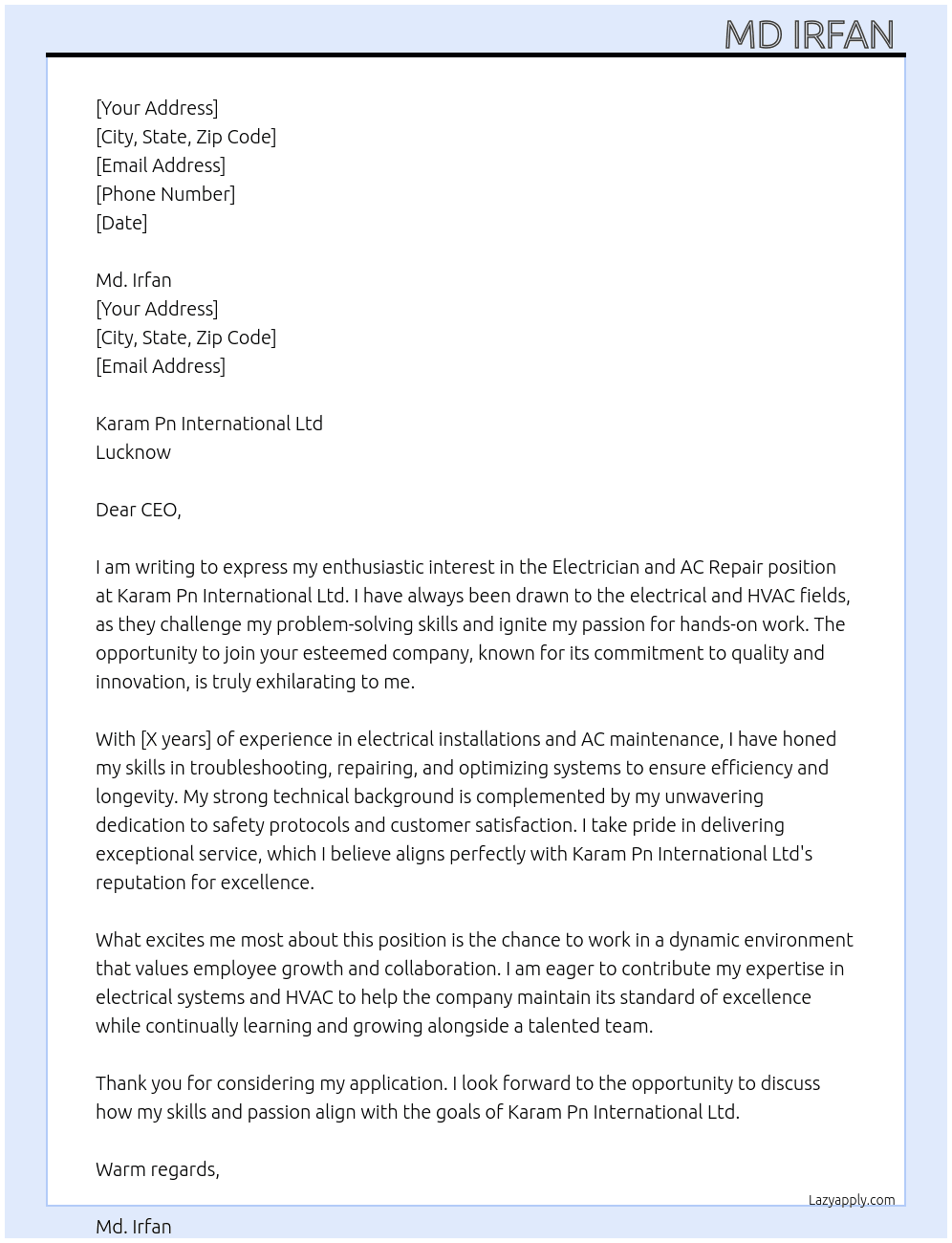 Electrician work and ac repairing At Karam Pn  international Ltd Lucknow  Cover Letter
