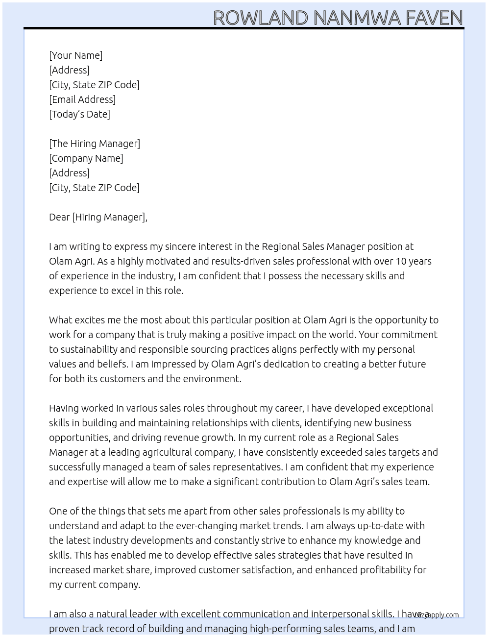 Regional Sales Manager At Olam Agri Cover Letter