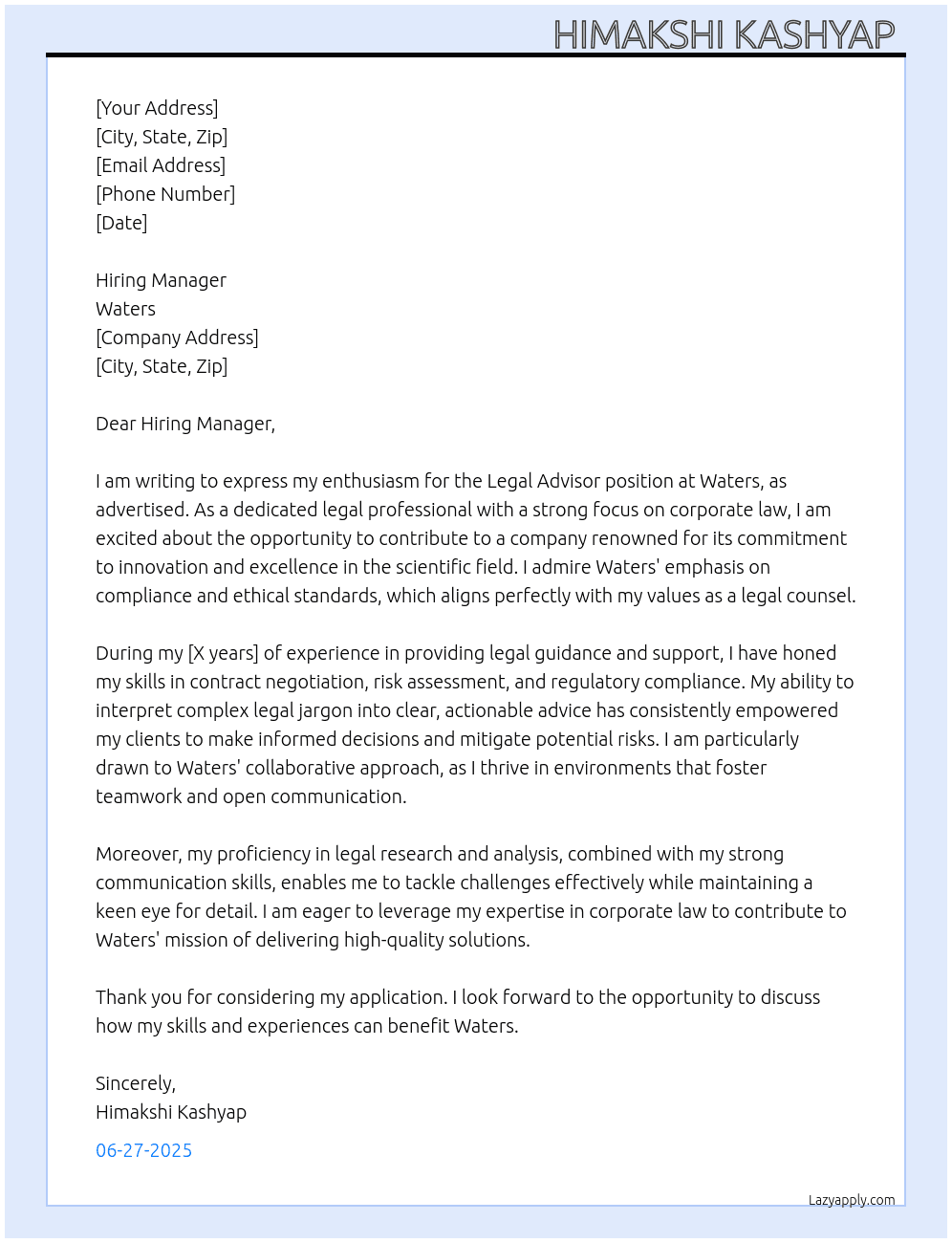 Legal Advisor  At Waters Cover Letter