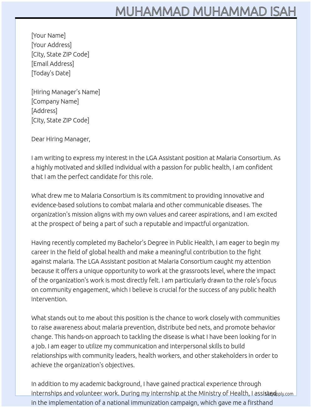 LGA Assistant At Malaria Consortium l Cover Letter