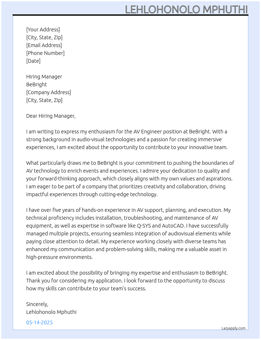 AV Engineer At BeBright.  Cover Letter