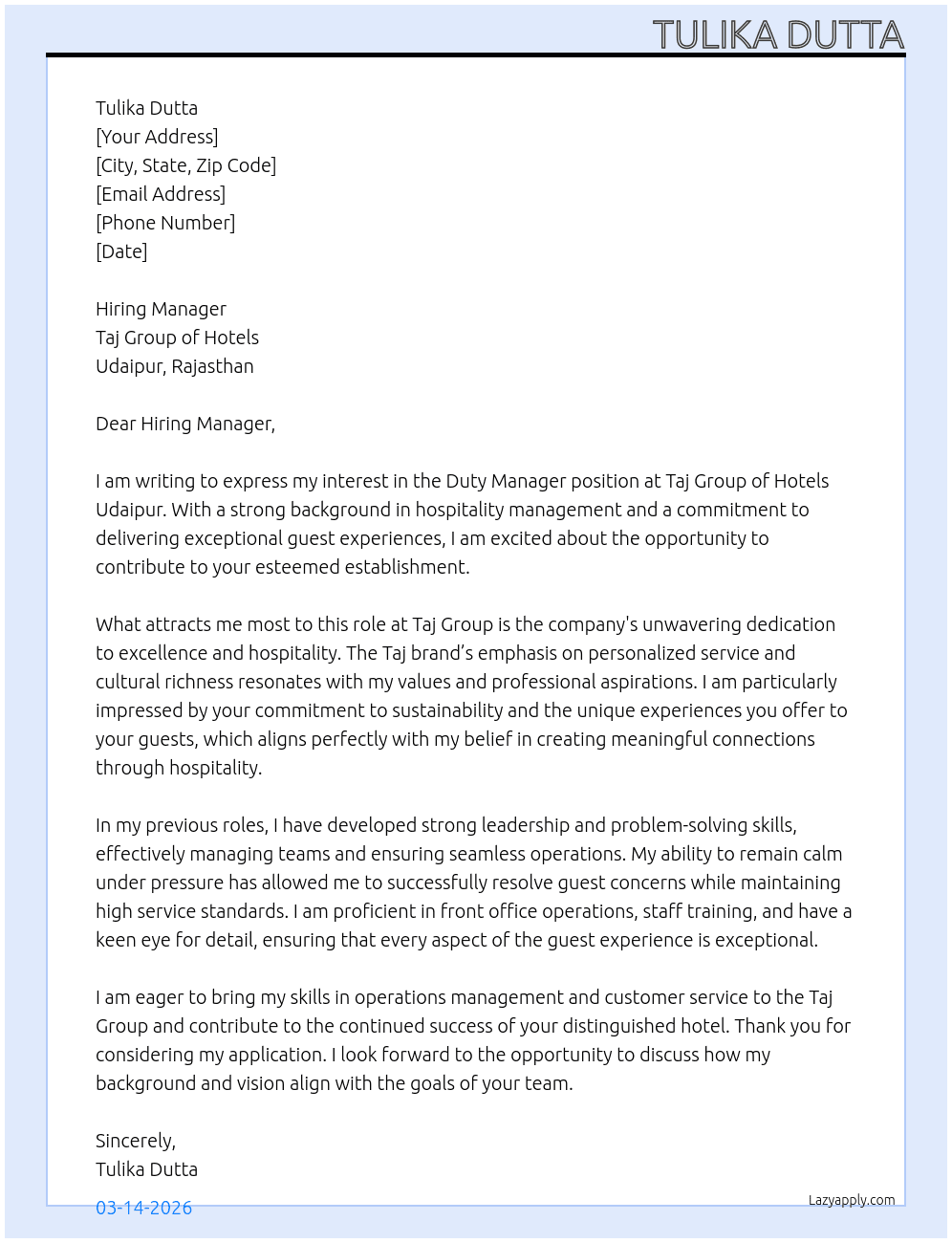 Duty Manager  At Taj Group of Hotels, Udaipur Cover Letter