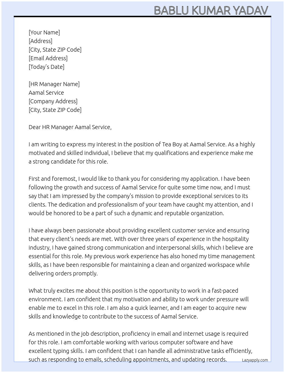 Tea boy  At Aamal service  Cover Letter