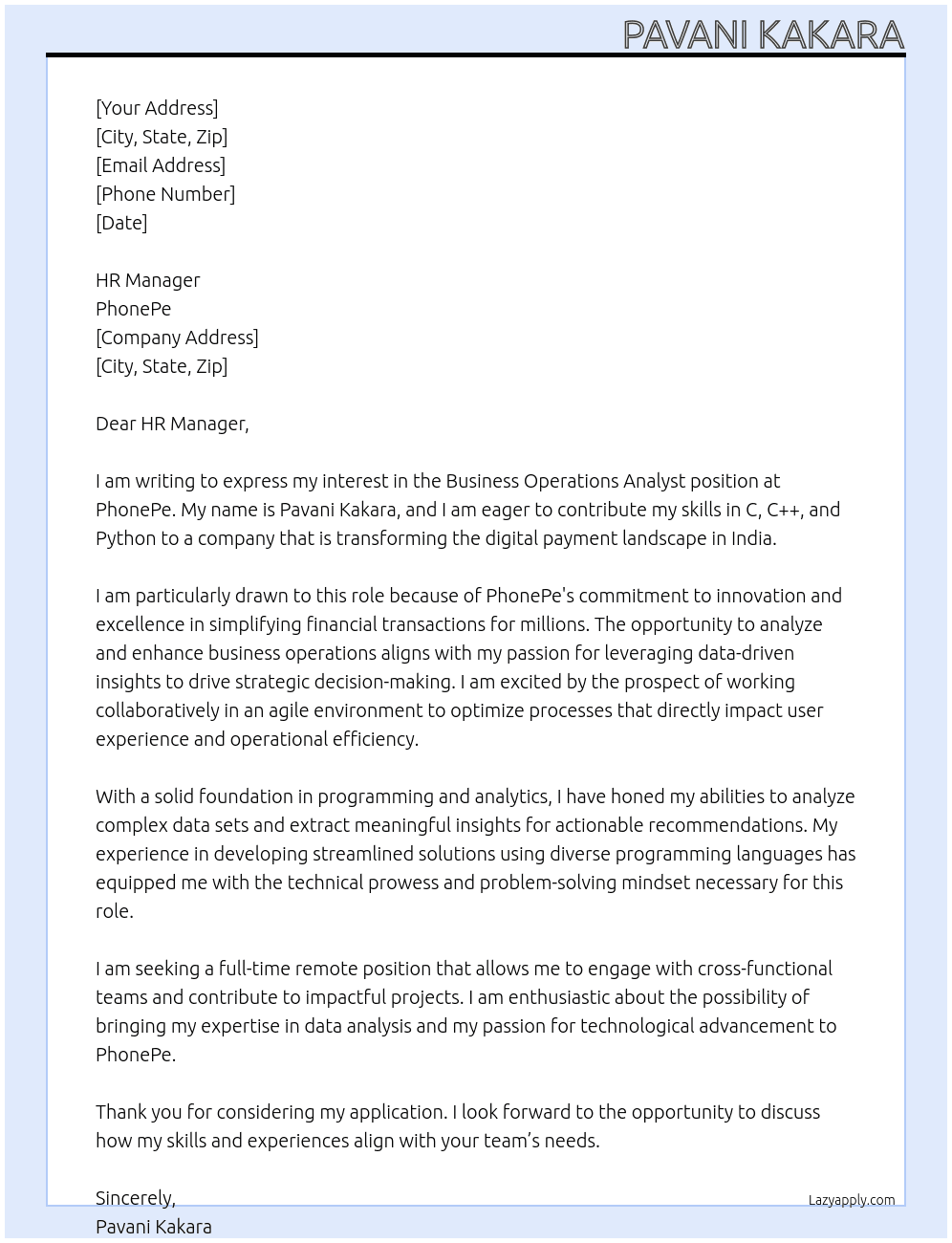 Business operation analyst  At PhonePe  Cover Letter