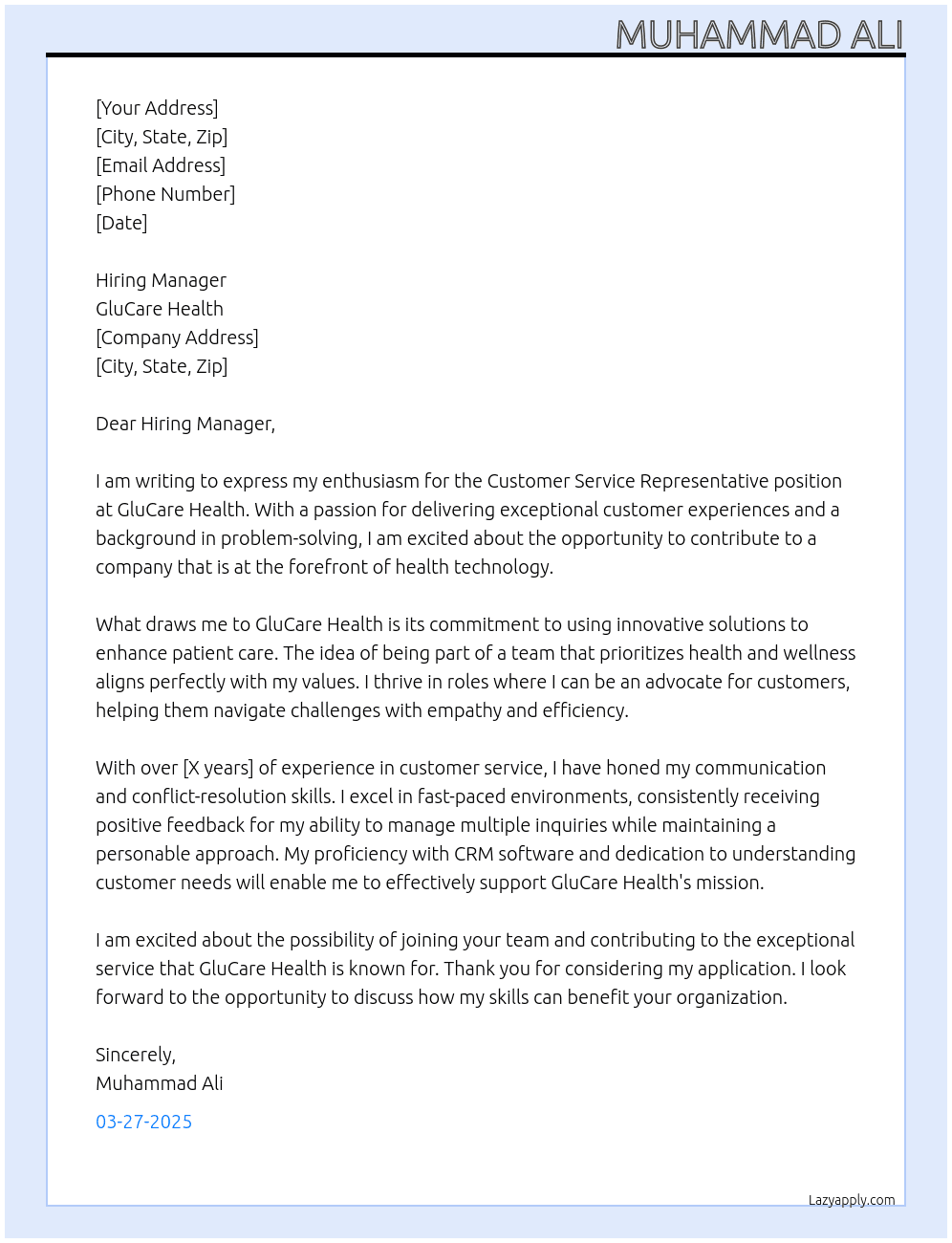 customer service representative At GluCare health Cover Letter