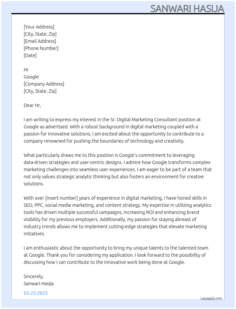 Cover letter for sr. digital marketing consultant - LazyApply