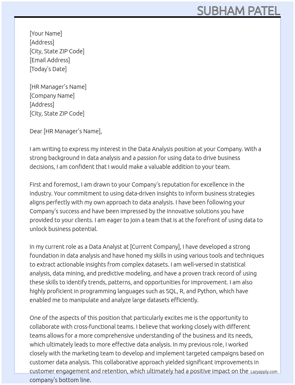 Data Analysis At your Company Cover Letter