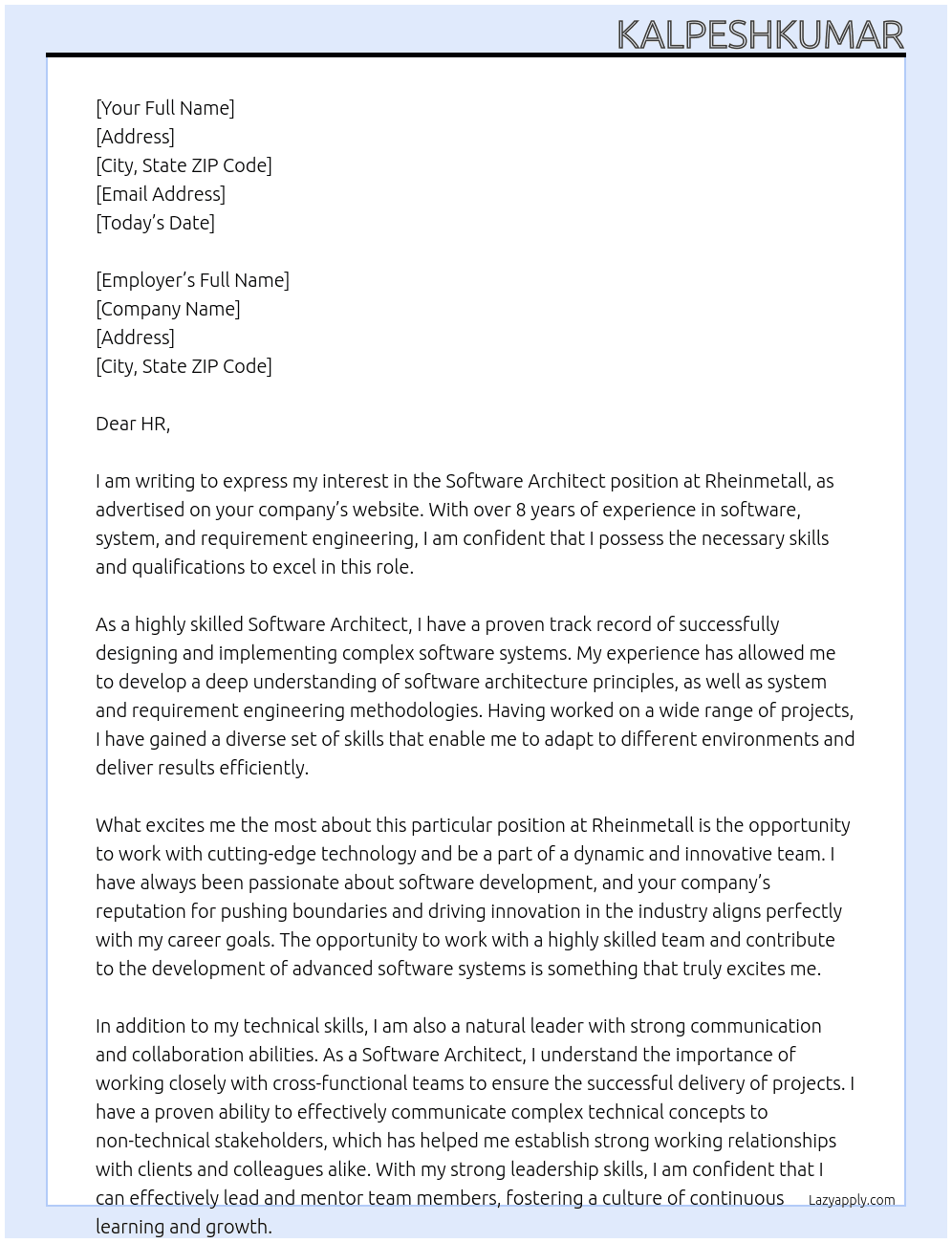 Software Architect At Rheinmetall Cover Letter