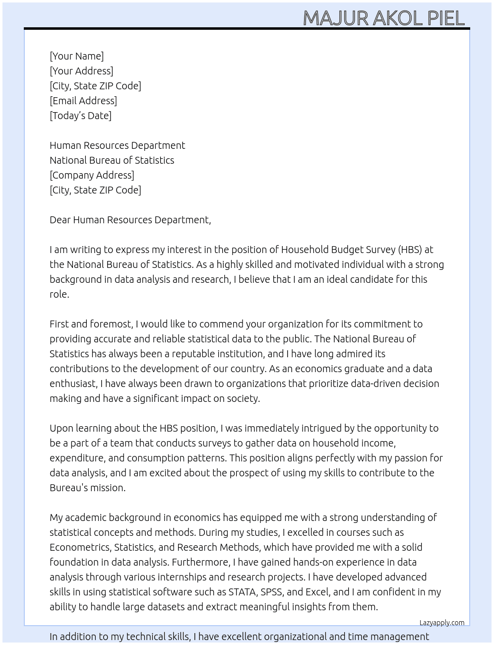 Household Budget Survey (HBS) At National Bureau of Statistics  Cover Letter