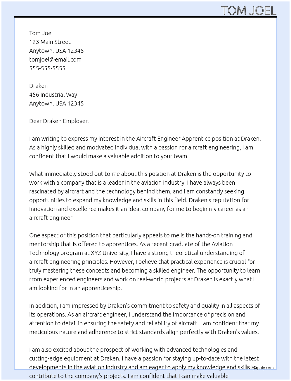 Aircraft engineer apprentice At Draken Cover Letter
