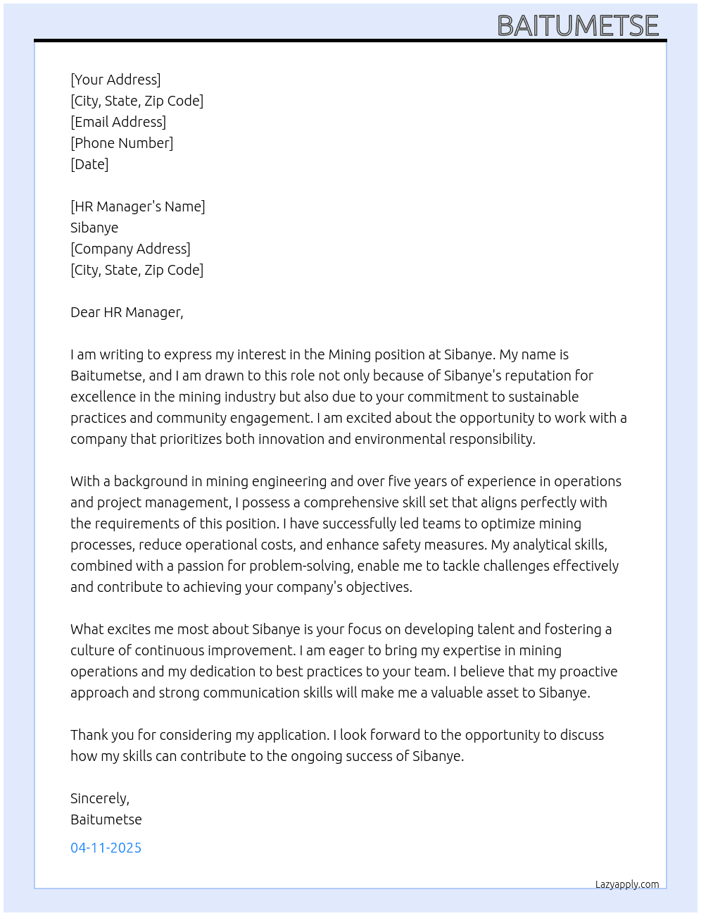Mining At Sibanye Cover Letter