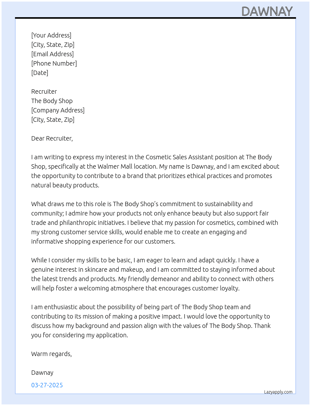 cosmetic sales assistant At The body shop Cover Letter
