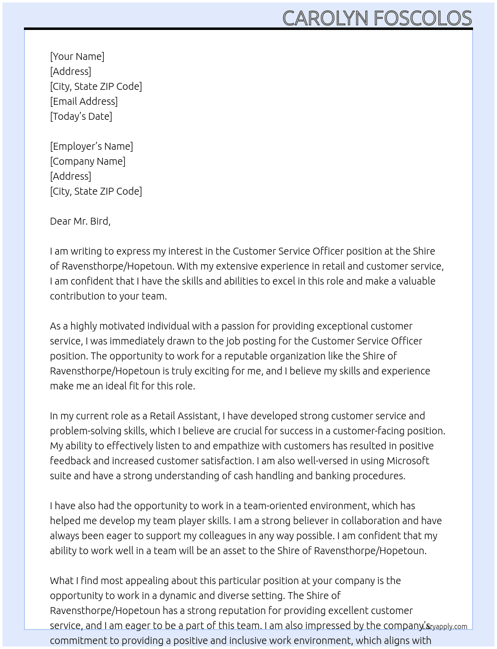 Customer Service Officer  At Shire of Ravensthorpe/ Hopetoun Cover Letter