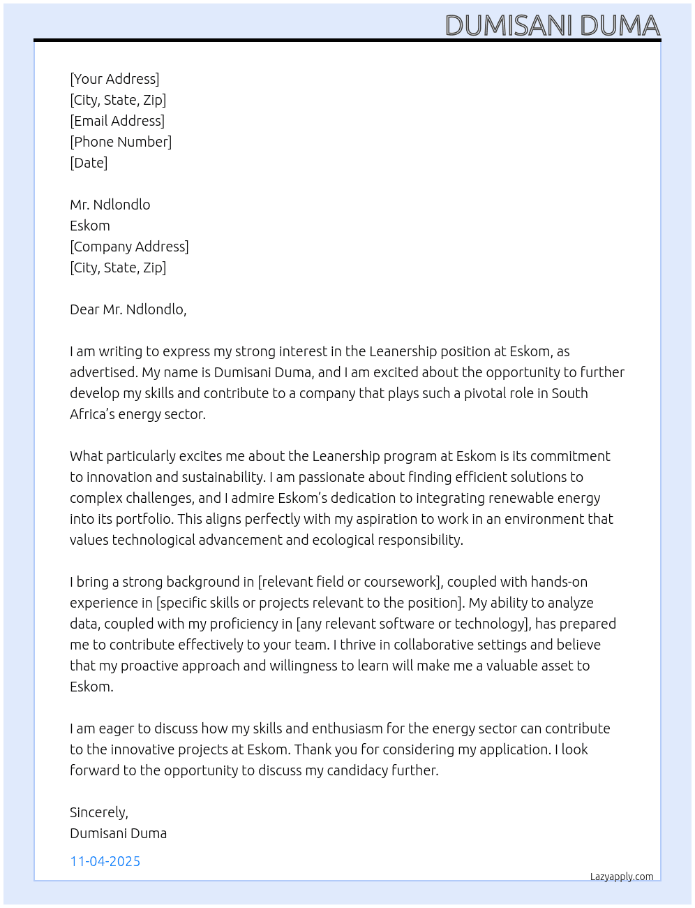 Eskom leanership At Eskom  Cover Letter