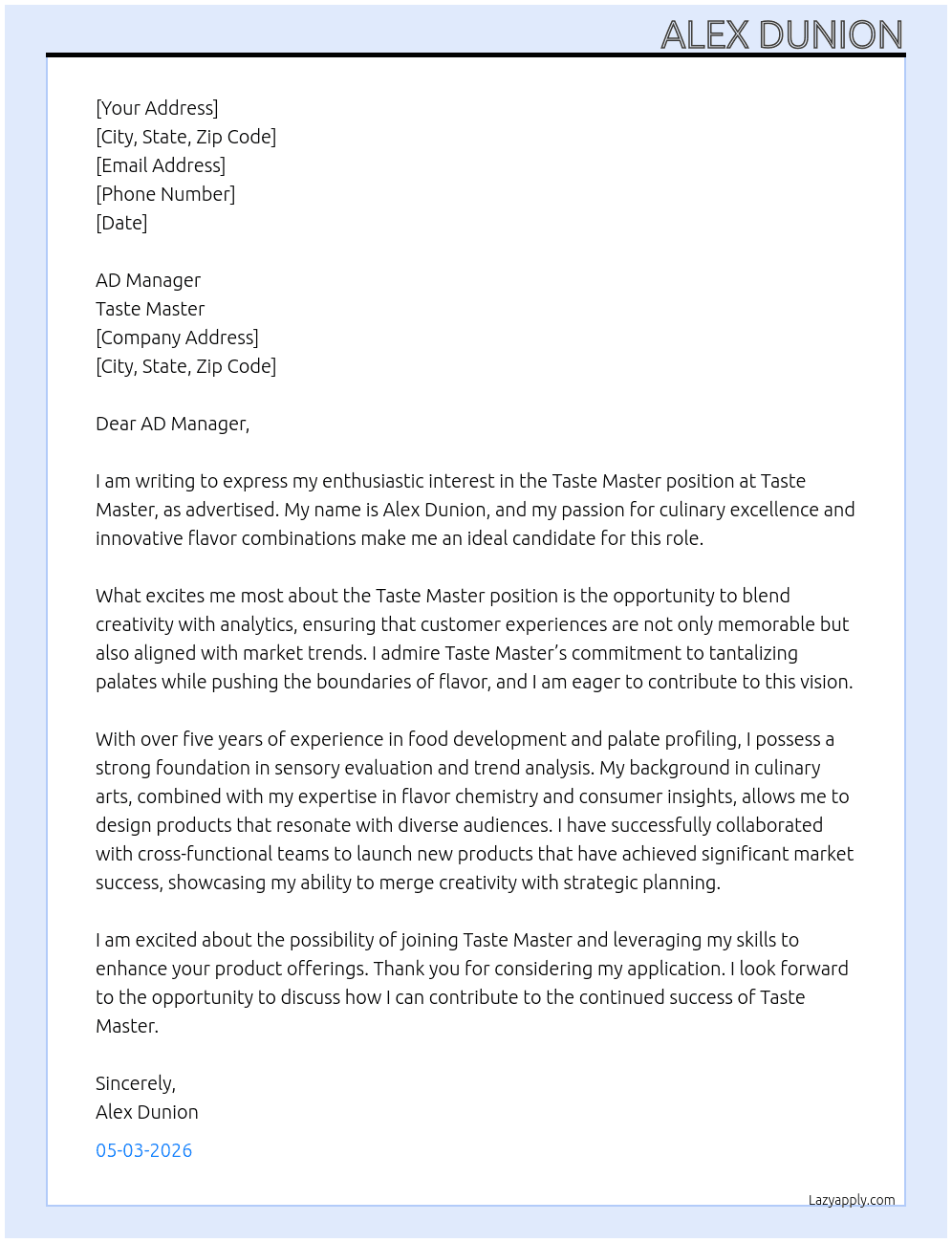 Taste master At Taste master Cover Letter