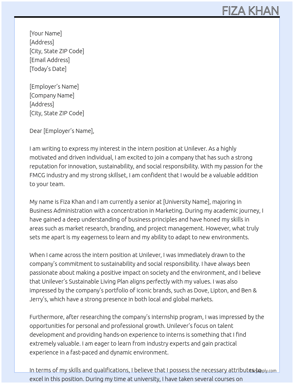 intern At unilever  Cover Letter