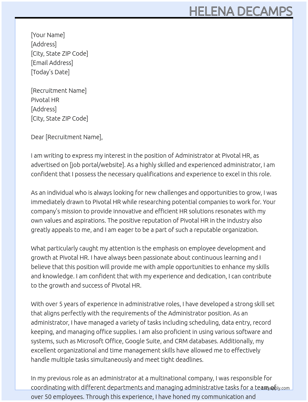 Administrator At Pivotal HR Cover Letter