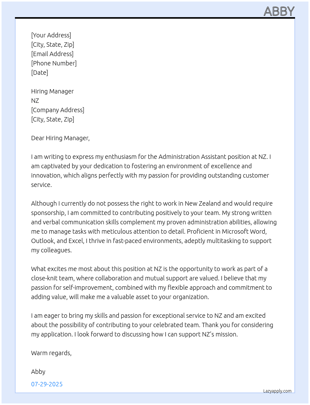 Administration Assistant At NZ Cover Letter