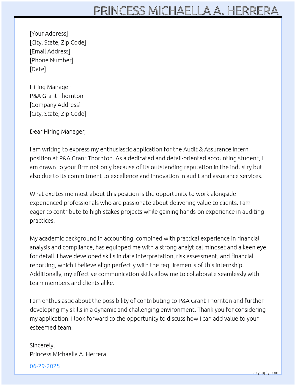 Audit & Assurance Intern At P&A Grant Thornton  Cover Letter